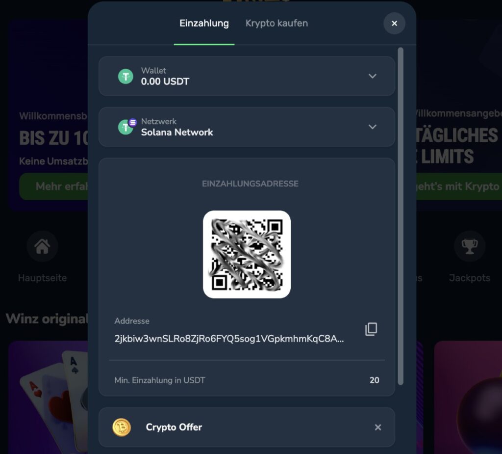 Crypto Casinos Anleitung, Schritt 3: Währung und Netzwerk wählen, Bonuscode eingeben und einzahlen