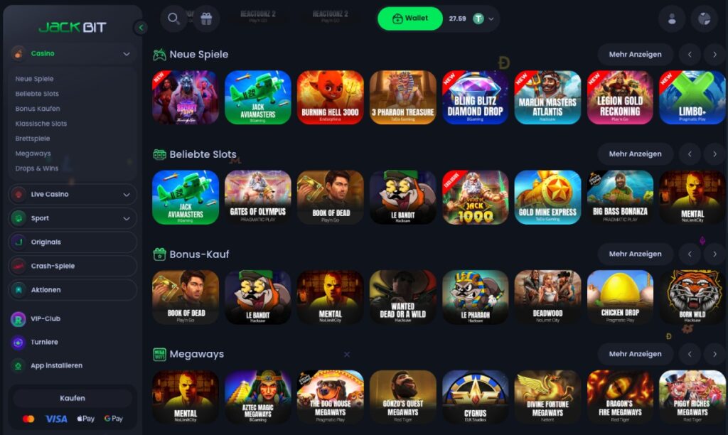 Screenshot der Casinolobby von Jackbit