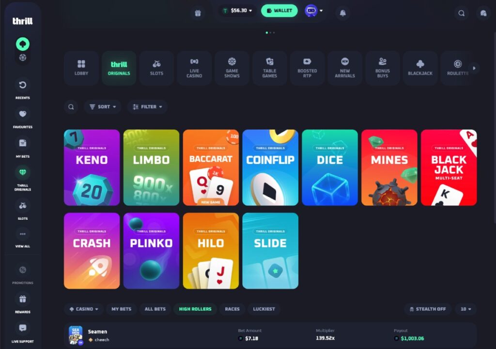 Screenshot vom Thrill Casino, Ansicht der Original Spiele mit PRovably Fair Technology