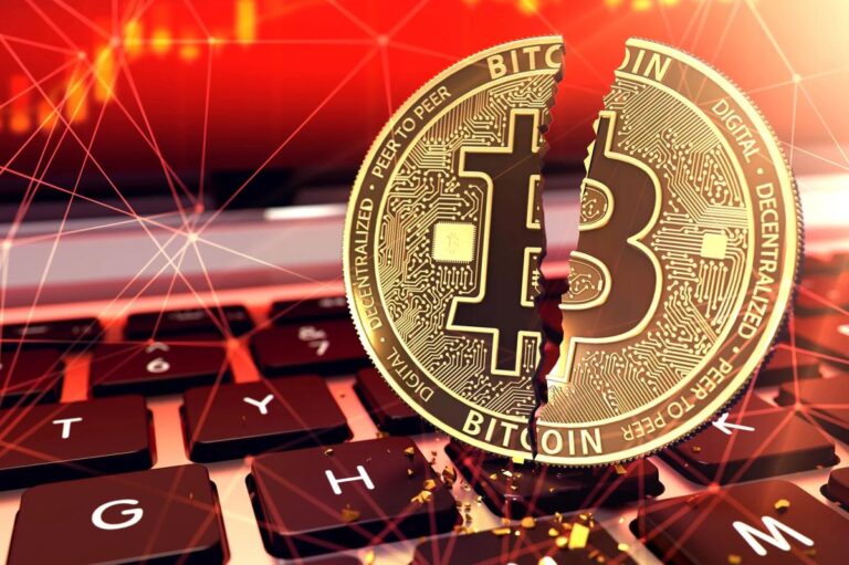 Ein geteilter Bitcoin-Coin vor einem digitalen Netzwerk-Hintergrund, der eine Blockchain-Fork symbolisiert.