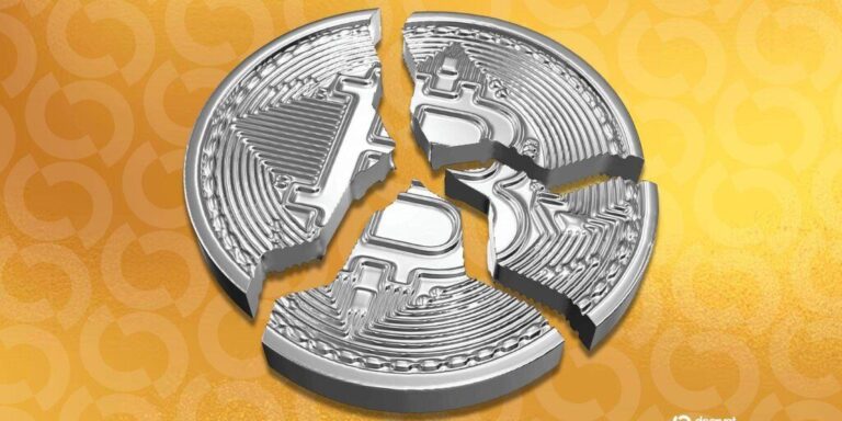 Physische Bitcoin-Münze vor einem abstrakten digitalen Daten-Netzwerk