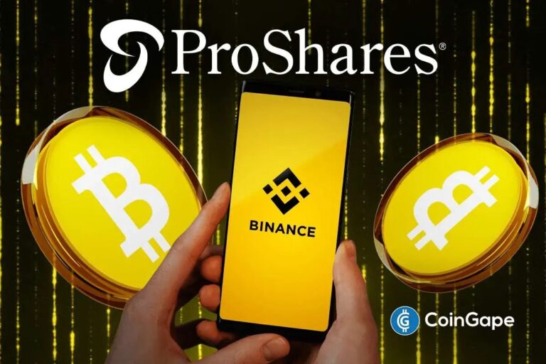 Das Logo der Kryptobörse Binance neben einer Bitcoin-Münze und einem steigenden Kurs-Chart