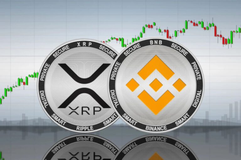 Physische XRP-Münze neben dem Binance-Logo auf einem digitalen Kurs-Chart