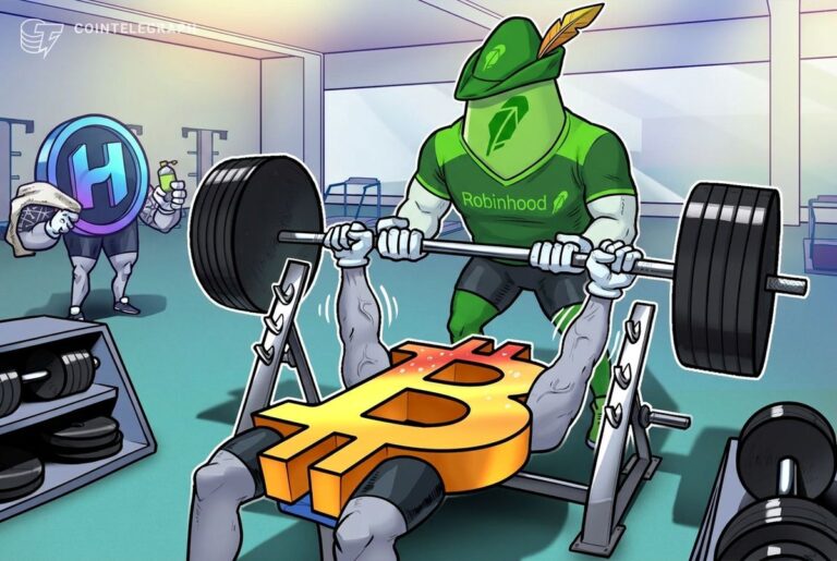 Bitcoin-Münze neben den Logos von Robinhood und Hyperliquid auf einem steigenden Kurs-Chart