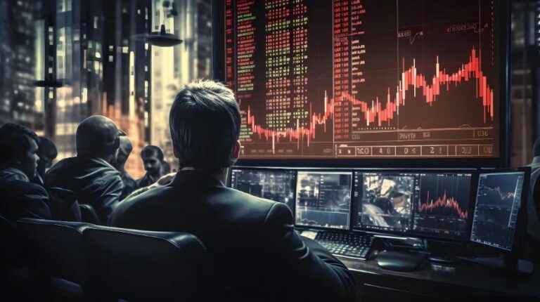 Ein roter Abwärts-Pfeil neben einer Bitcoin-Münze und einem Aktienchart