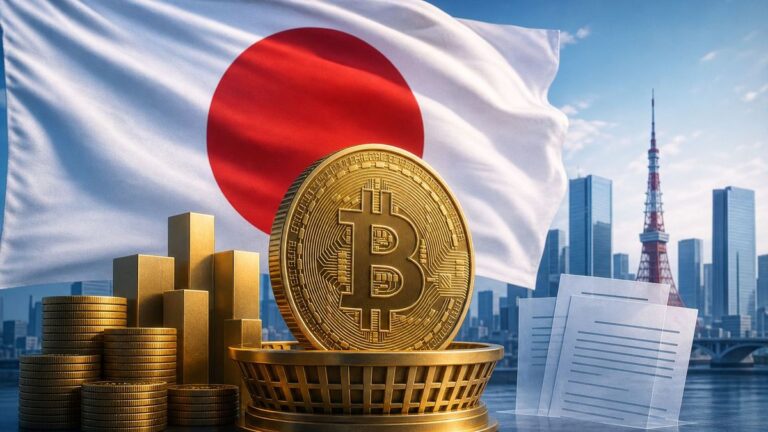 Japanische Flagge im Hintergrund mit einer physischen Bitcoin-Münze im Vordergrund