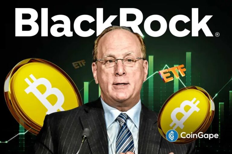 Porträt von BlackRock-CEO Larry Fink vor einem verschwommenen Bitcoin-Kurs-Chart