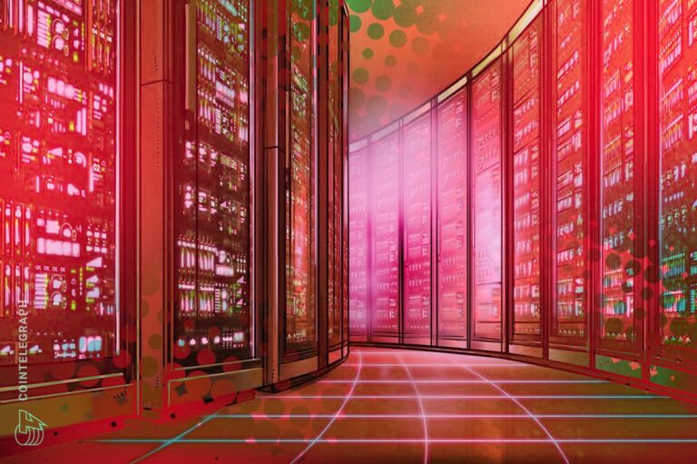 Server-Racks in einem Rechenzentrum neben einer leuchtenden Bitcoin-Münze
