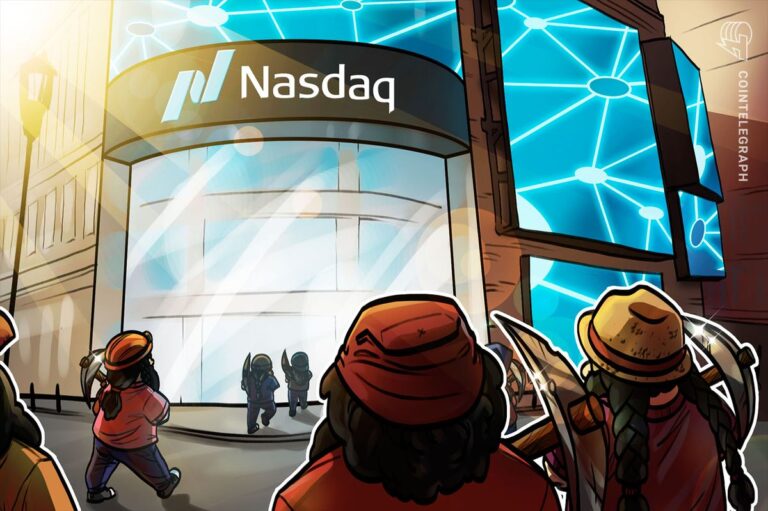 Börsentafel der Nasdaq mit aufsteigendem Kurs-Chart und dem Logo von Ionic Digital neben einer Bitcoin-Münze