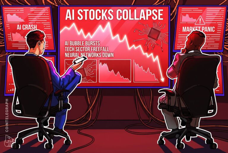 Roter fallender Börsenchart vor verschwommenem Hintergrund mit Bitcoin-Münze und KI-Symbolen.