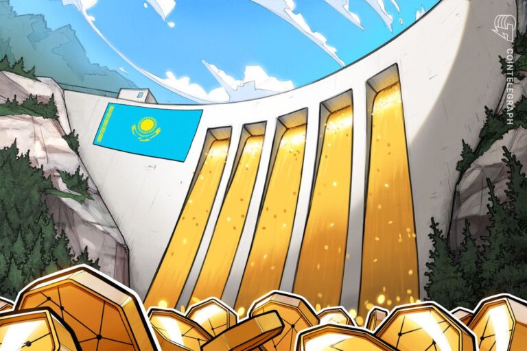Physische Bitcoin-Münze vor der Flagge von Kasachstan auf einem beleuchteten Computer-Mainboard