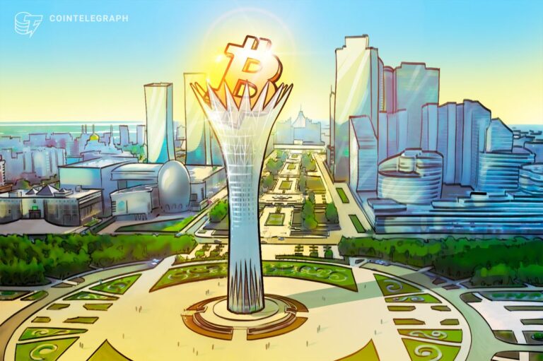 Bitcoin-Münze vor der Flagge von Kasachstan neben einer Mining-Anlage
