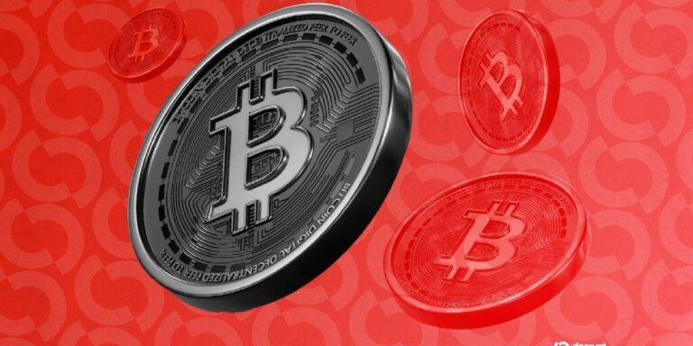 Roter Kurschart mit einer fallenden Bitcoin-Münze, der einen Marktabschwung symbolisiert