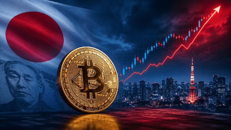 Bitcoin-Münze vor einem absteigenden Kurs-Chart und japanischen Yen-Banknoten, die Marktrisiken symbolisieren.