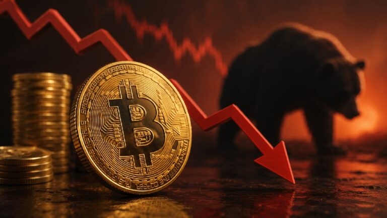 Ein roter Bitcoin-Kurs-Chart vor dem Hintergrund einer stilisierten Weltkarte, die fallende globale Liquidität zeigt.