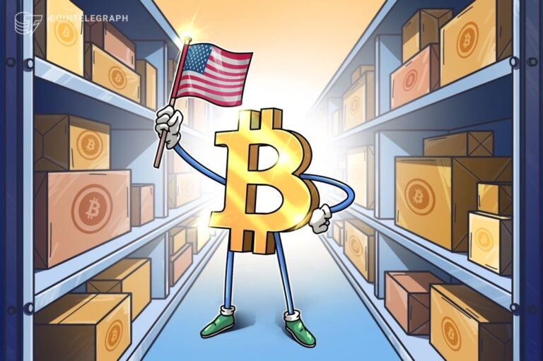 Eine US-Flagge neben einer physischen Bitcoin-Münze vor dem Kapitol in Washington