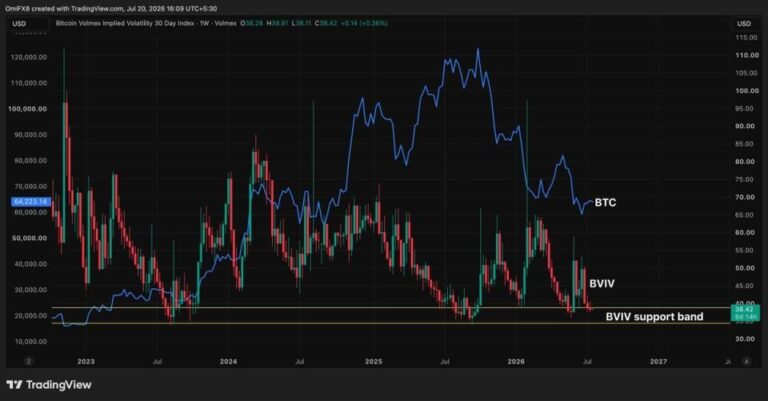 Ein rot leuchtender Abwärts-Chart vor einer leicht unscharfen Bitcoin-Münze