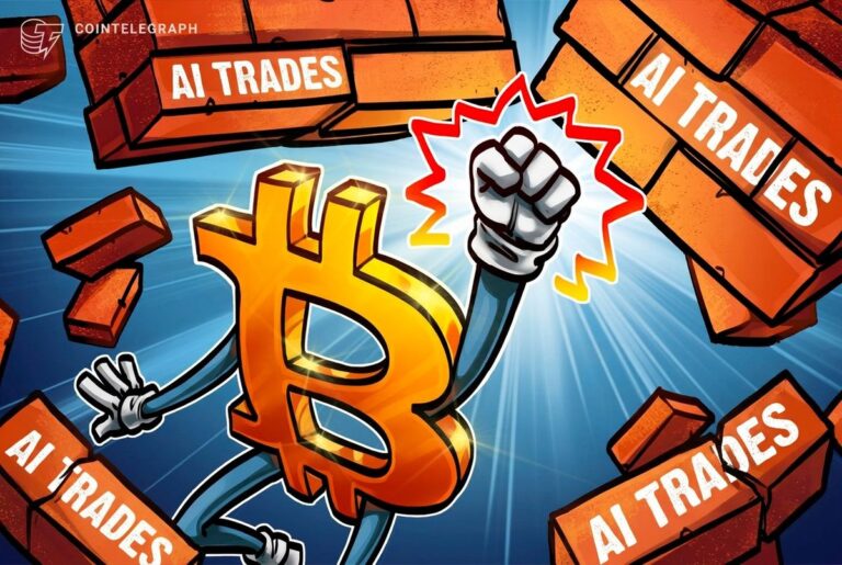 Bitcoin-Münze vor einem steigenden Kurs-Chart und verschwommenen Symbolen für Künstliche Intelligenz