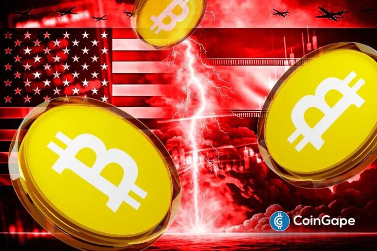 Ein roter Abwärtstrend-Chart überlagert mit einer Bitcoin-Münze vor einem dunklen Hintergrund.