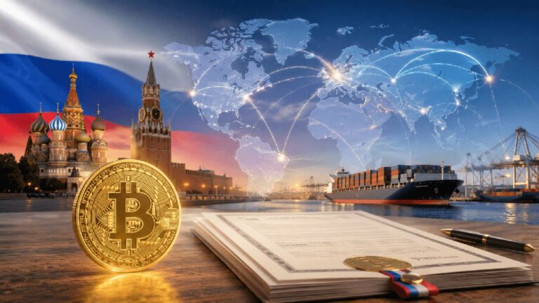Russische Flagge neben einer physischen Bitcoin-Münze auf einem Kurs-Chart