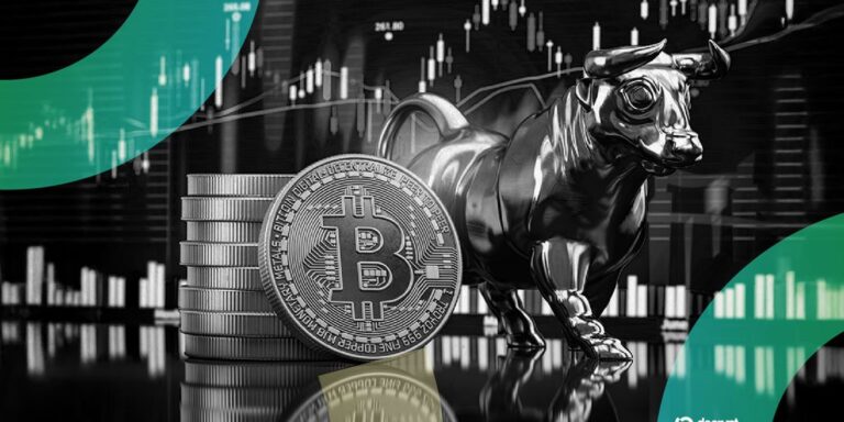 Ein steigender Kurs-Chart auf einem digitalen Display mit einer physischen Bitcoin-Münze im Vordergrund.