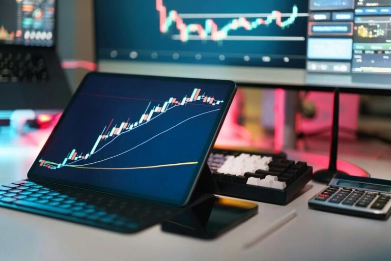 Aufwärtsgerichteter Börsenchart im Hintergrund von physischen Bitcoin- und Ethereum-Münzen