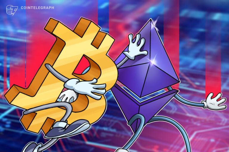 Ein Diagramm zur Kursanalyse mit verschwommenen Bitcoin- und Ethereum-Münzen im Vordergrund