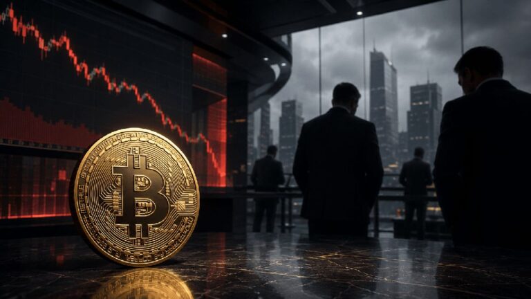 Ein roter fallender Kurs-Chart im Hintergrund einer physischen Bitcoin-Münze