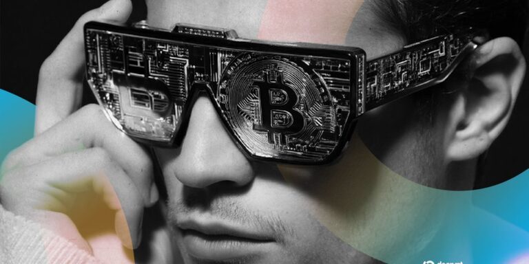 Ein Kurs-Chart mit einer Bitcoin-Münze, der technische Indikatoren und Preisbewegungen darstellt.