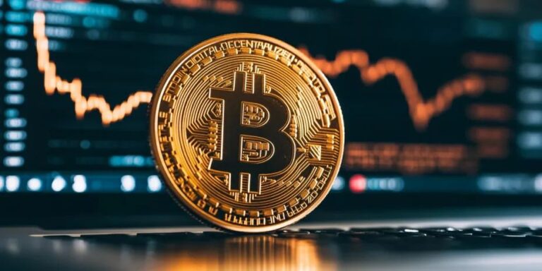 Ein technischer Bitcoin-Chart mit Indikatoren und einer leuchtenden Bitcoin-Münze im Vordergrund
