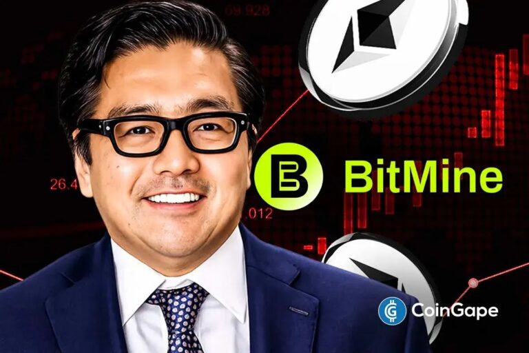 Physische Ethereum-Münze vor einem roten absteigenden Börsenchart, die den Kauf durch Bitmine symbolisiert