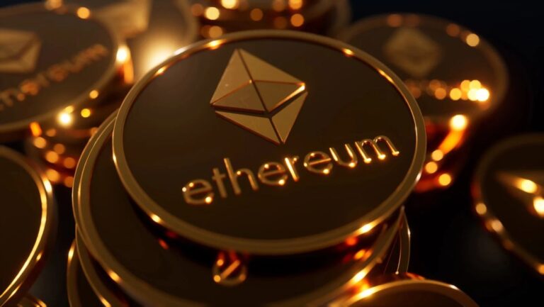 Ethereum-Münze neben Logos von BlackRock und Visa vor einem digitalen Netzwerk-Hintergrund