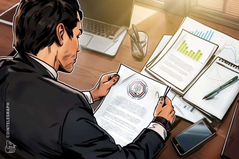 Offizielles Logo der US-Aufsichtsbehörde CFTC neben einer physischen Bitcoin-Münze