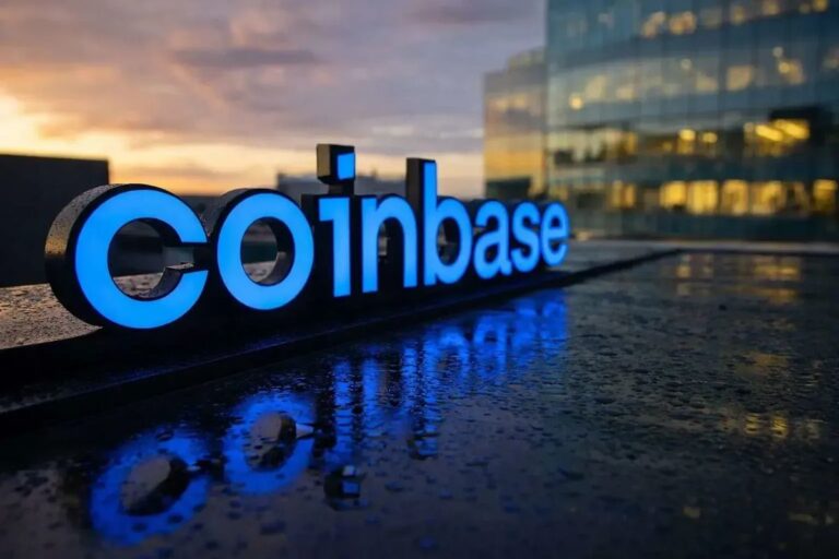 Steigender Kurs-Chart auf einem Smartphone mit dem Coinbase-Logo neben einer physischen Bitcoin-Münze.