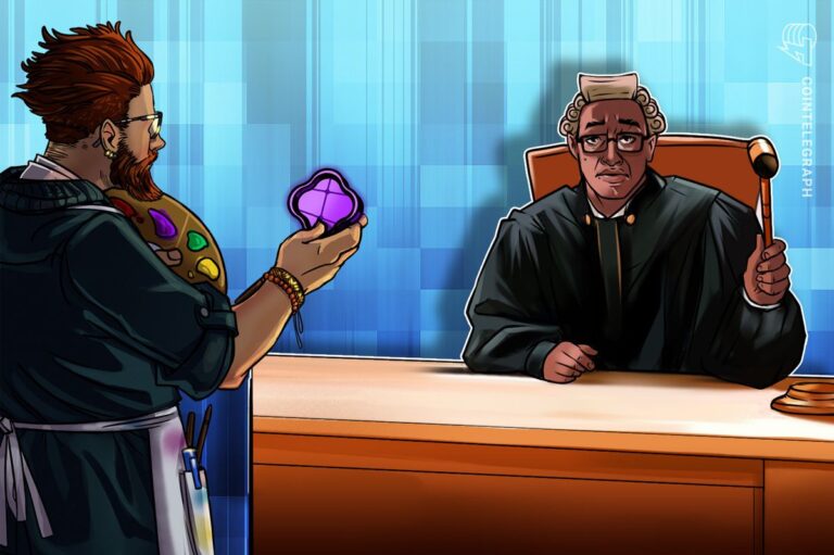 Ein Richterhammer neben einer physischen Bitcoin-Münze auf juristischen Dokumenten