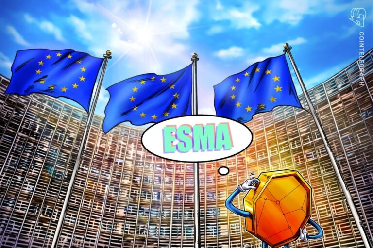 Europäische Flagge und ESMA-Logo neben einer digitalen Ripple-Münze.