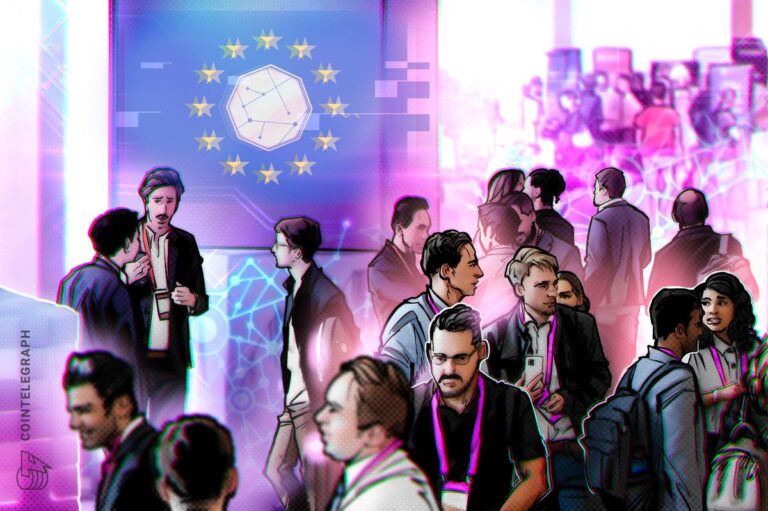 EU-Flagge und Krypto-Münze vor einem digitalen Hintergrund