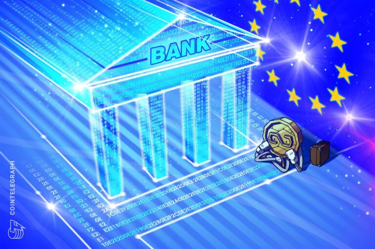 Eine Tether-Münze vor dem Hintergrund des Gebäudes der Europäischen Zentralbank