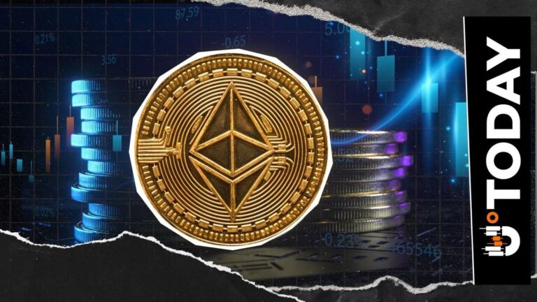 Physische Ethereum-Münze vor einem Kurs-Chart mit dem Binance-Logo im Hintergrund