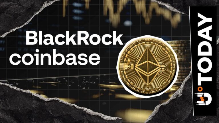 Physische Ethereum-Münze vor einem Kurs-Chart mit dem Logo von BlackRock im Hintergrund
