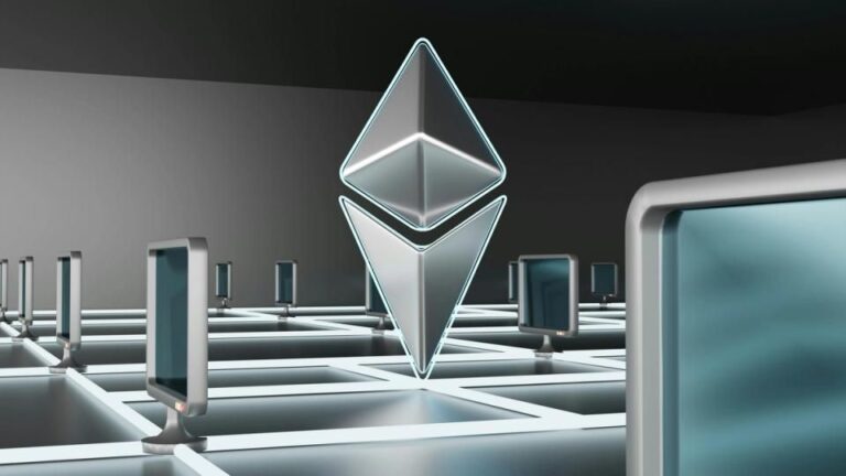 Logo der Ethereum Foundation neben einem Bankgebäude und digitalen Datenströmen
