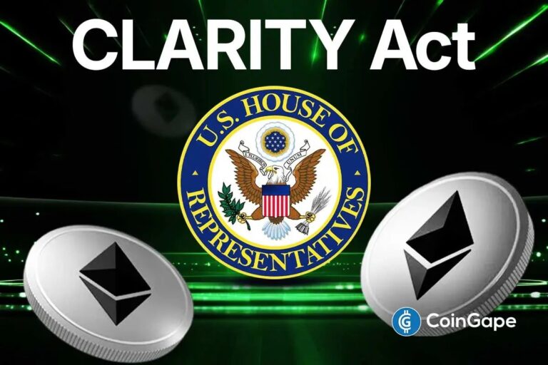 Eine glänzende Ethereum-Münze vor einem verschwommenen US-Regierungsgebäude.