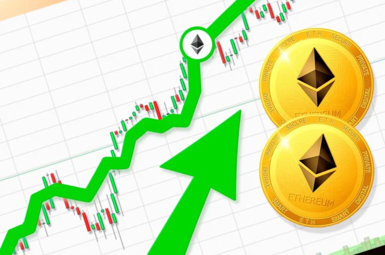 Ethereum-Münze auf einem leuchtenden Kurs-Chart, der ein Double-Bottom-Muster darstellt.