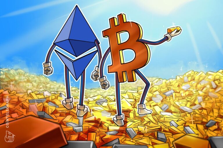 Liniendiagramm mit Kursverlauf von Ethereum und Bitcoin auf einem Bildschirm