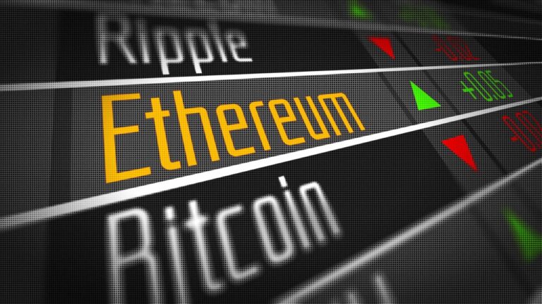 Aufsteigender Kurs-Chart von Ethereum im Vergleich zu Bitcoin neben einem ETF-Symbol
