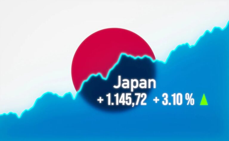 Eine Bitcoin-Münze vor der japanischen Flagge und einem aufsteigenden Kurs-Chart