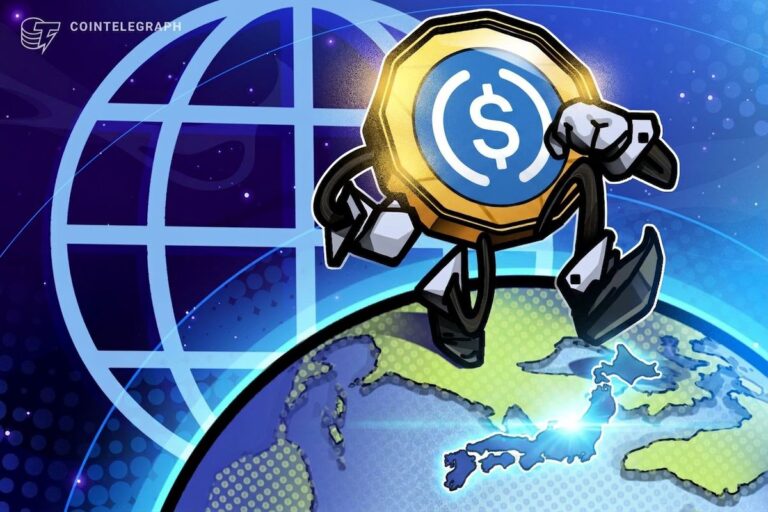Eine physische JCB-Kreditkarte neben digitalen Krypto-Münzen von USDC und Tether vor einer japanischen Flagge