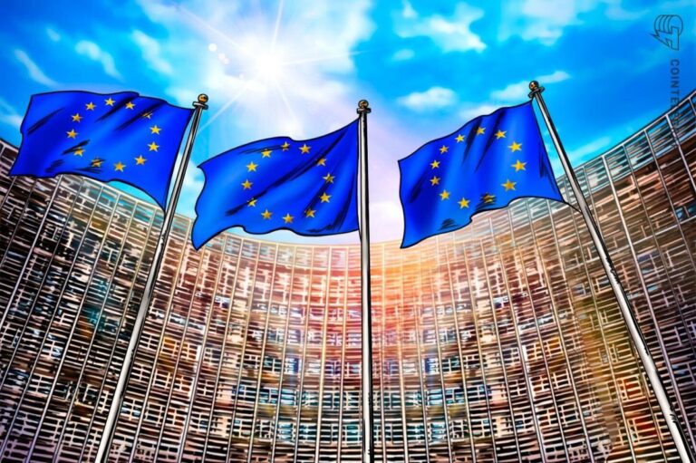 Ein digitales Schutzschild mit dem MiCA-Schriftzug und EU-Sternen, flankiert von einem Bitcoin-Logo auf blauem Grund.