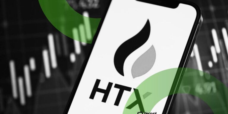 Logo der Krypto-Börse HTX neben Symbolen von Ethereum und Solana auf einem digitalen Hintergrund