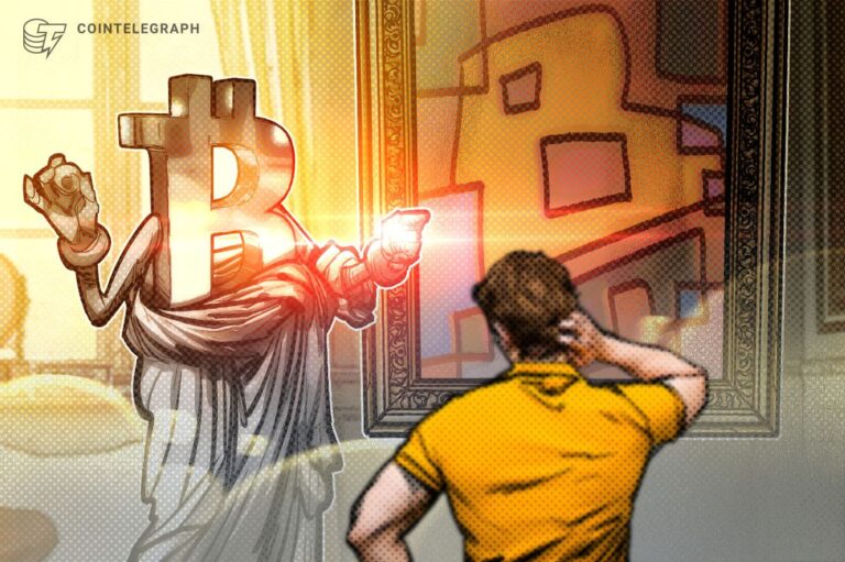 Physische Bitcoin-Münze neben einem Tether-Logo und fallenden Kurs-Charts im Hintergrund